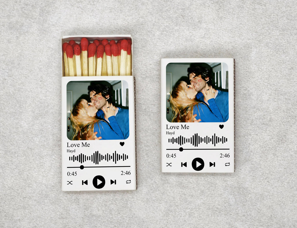 Personalized music player matchboxes with Love Me song design - front view