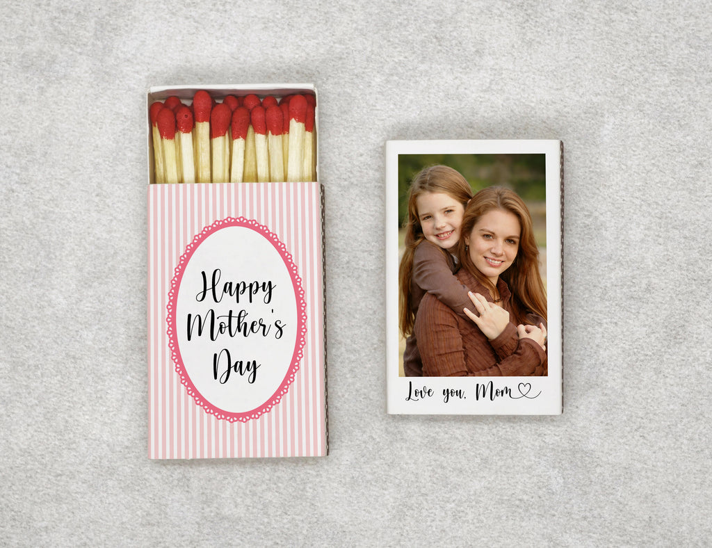 Personalized Pink Stripe Mother's Day Matchboxes - Custom Photo & Happy Mother's Day Design for Mom