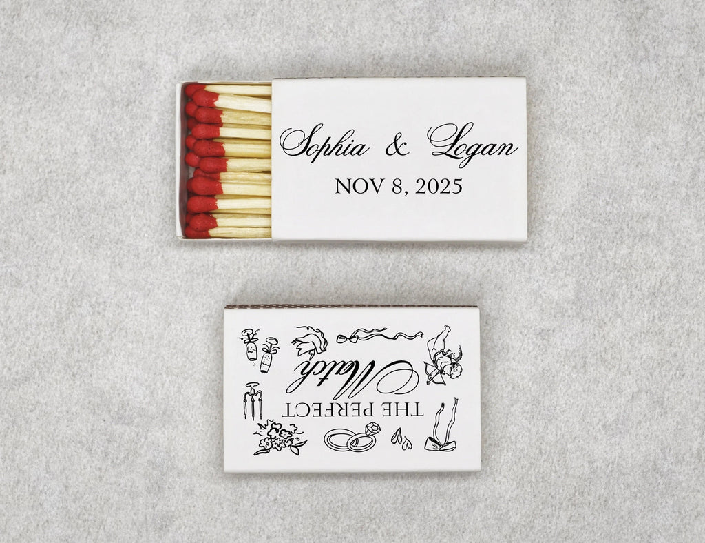 Personalized wedding matchboxes with The Perfect Match design - front view