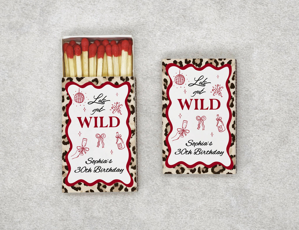 Personalized leopard print 30th birthday matchboxes with Lets Get Wild design - front view