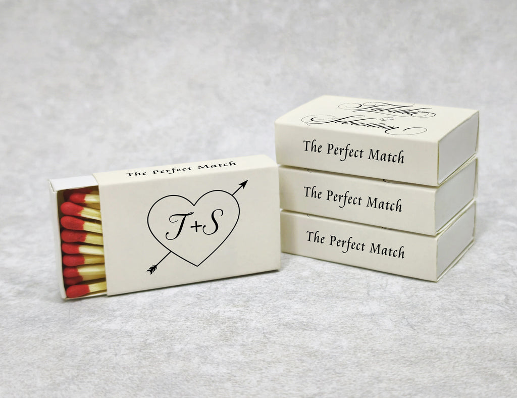 Personalized Wedding Matchboxes with Vintage Heart Arrow Motif - Side View Detail Shot