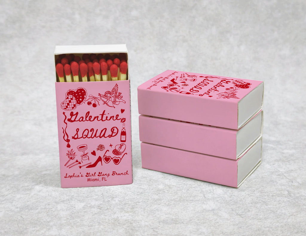 Valentine Squad matchboxes side view with custom name and location