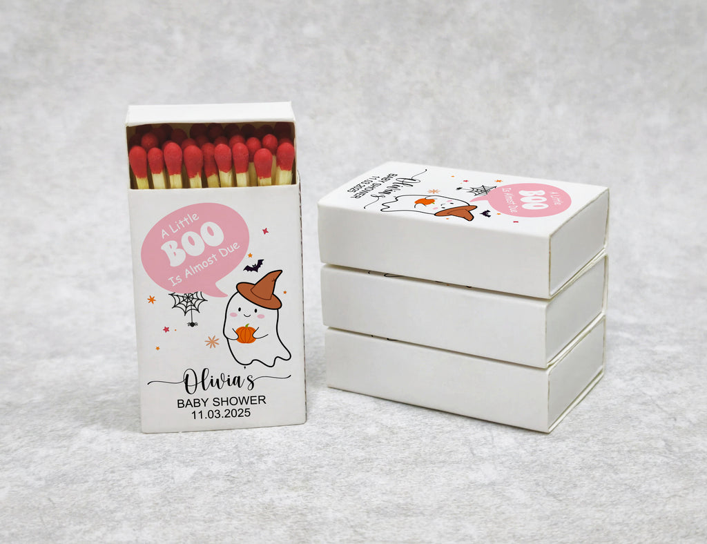Personalized Baby Shower Matchboxes - Cute Ghost 'A Little BOO Is Almost Due' Design