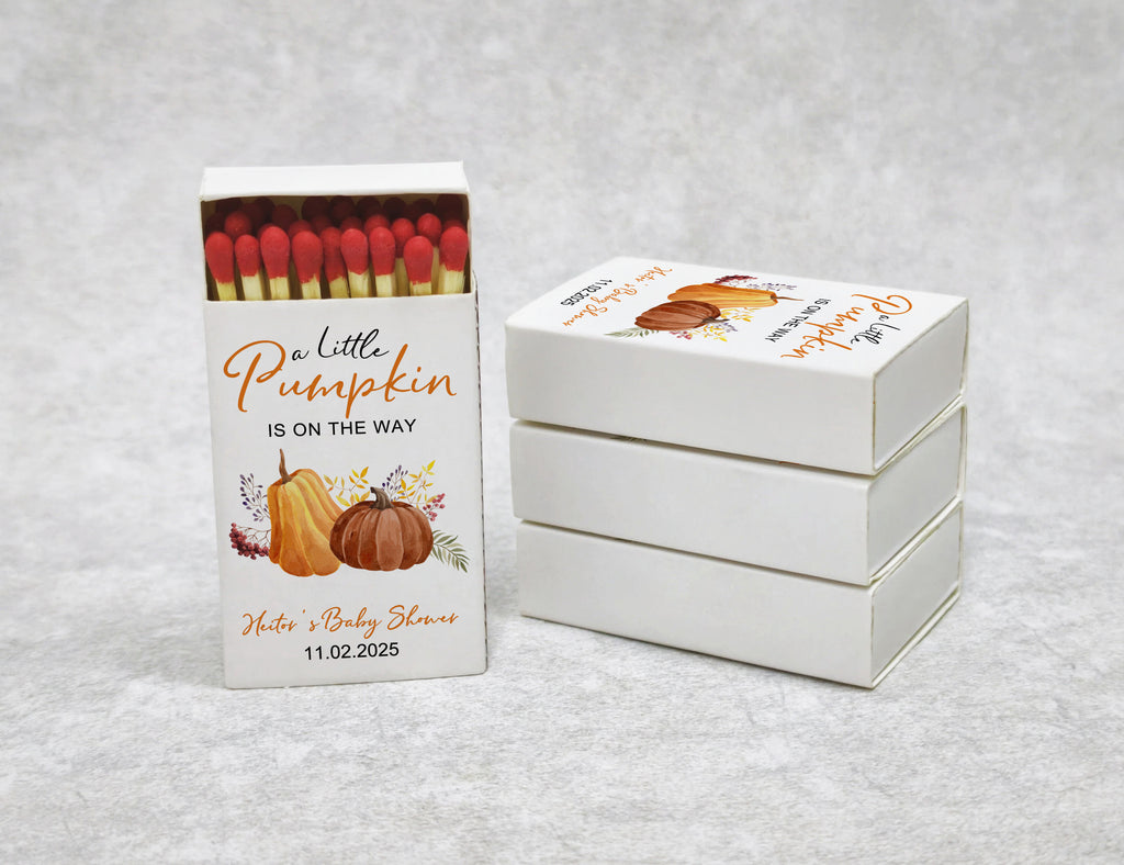 Personalized Baby Shower Matchboxes - A Little Pumpkin Is On The Way Custom Name & Date Design