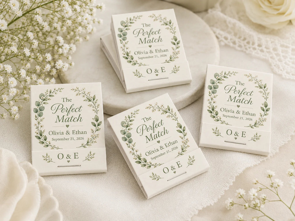 Personalized Wedding Matchbooks - Opened view with 20 premium matches and custom printing inside