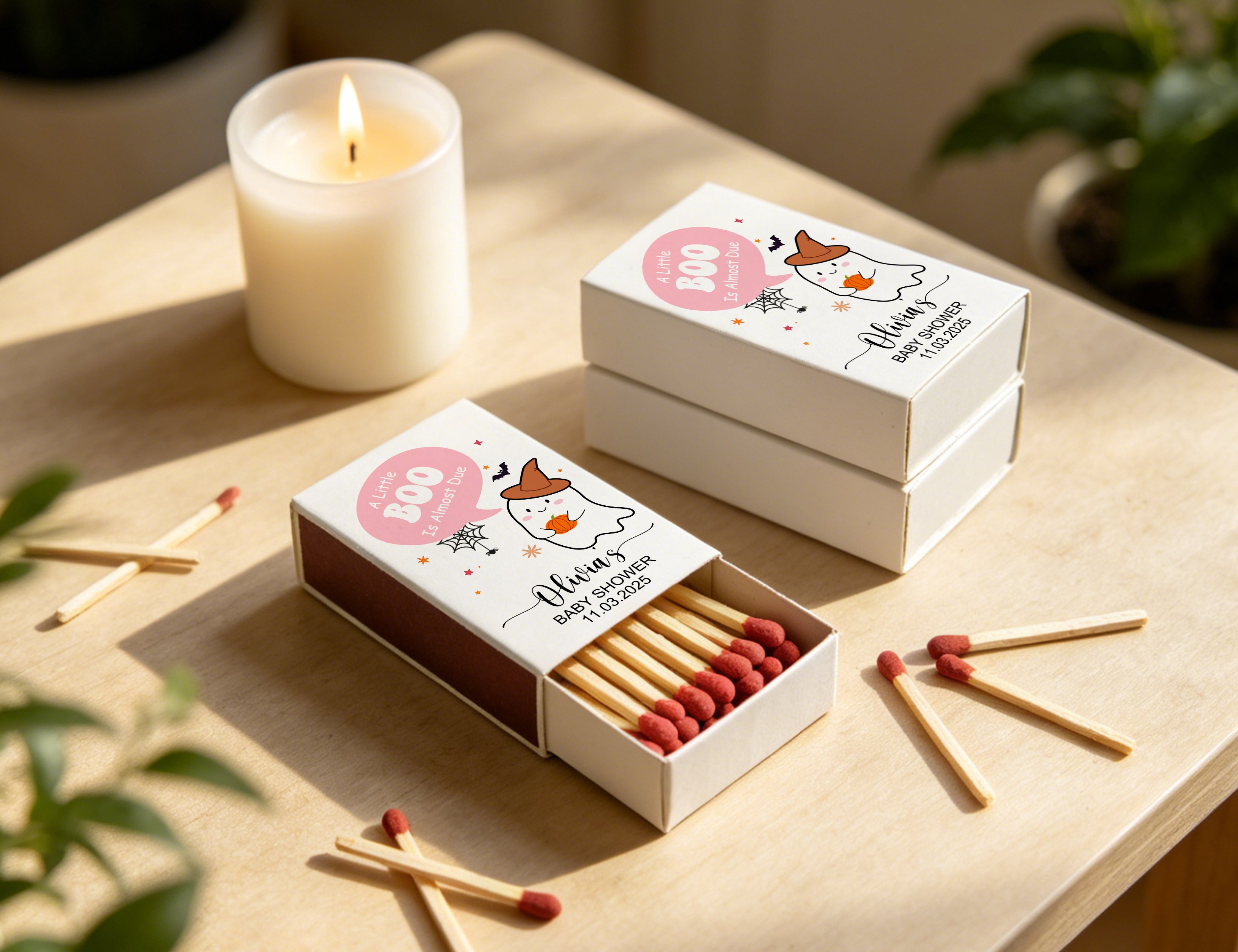 Personalized Baby Shower Matchboxes - Cute Ghost 'A Little BOO Is Almost Due' Design