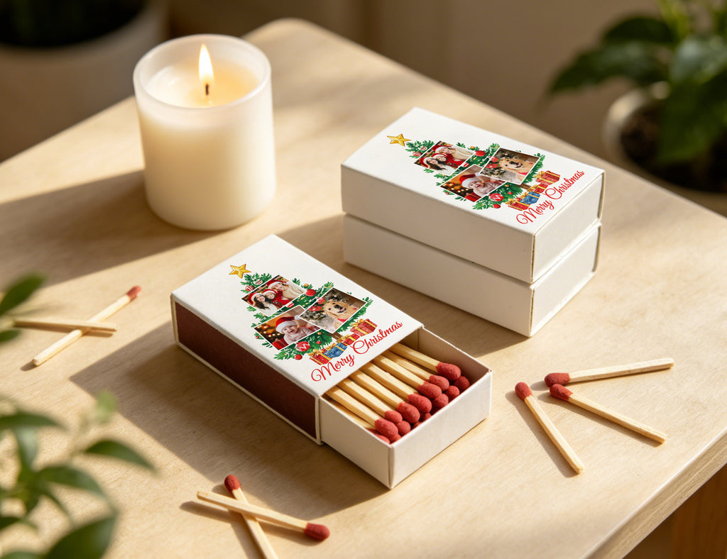 Personalized Christmas Matchboxes - Christmas Tree Photo Collage Custom Family Photos Design
