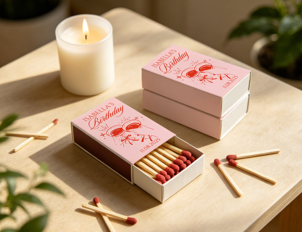 Personalized Birthday Matchboxes - Pink Cheers Custom Name & Date Design