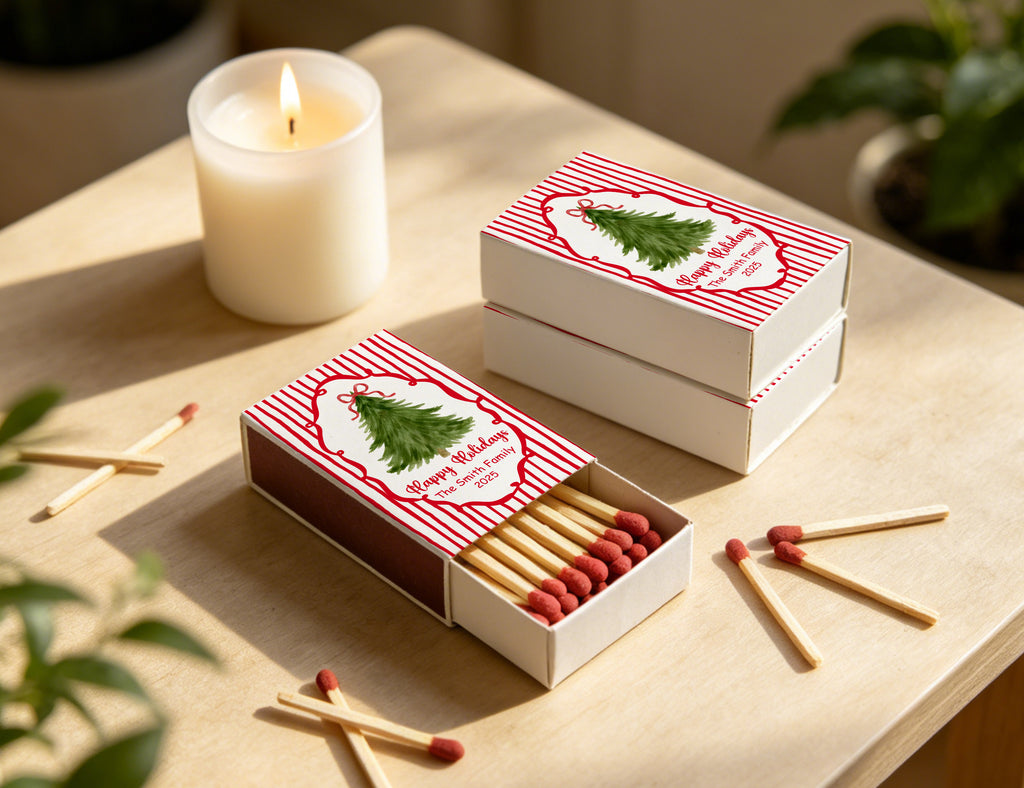 Personalized Christmas Matchboxes - Happy Holidays Watercolor Tree Custom Family Name & Year Design