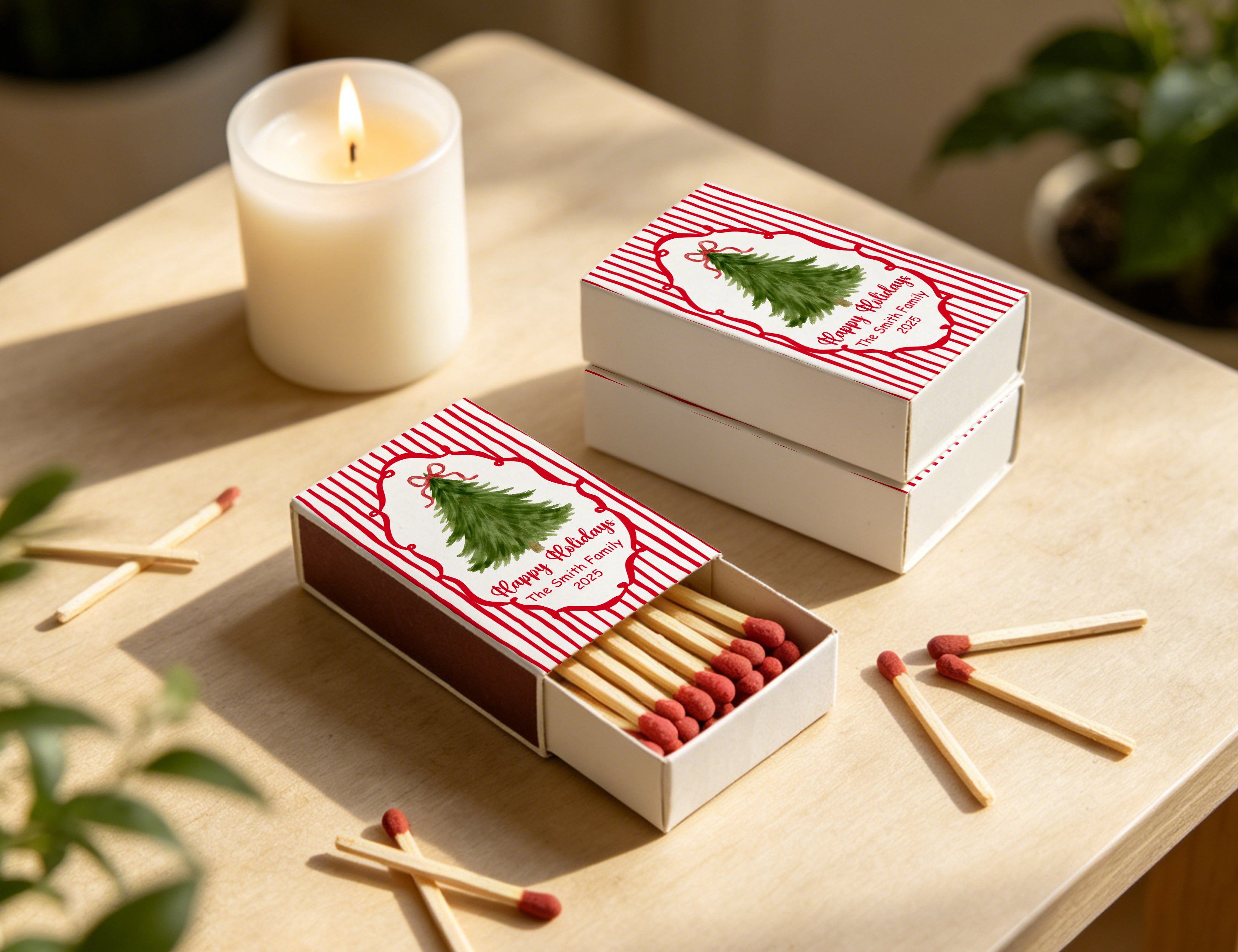 Personalized Christmas Matchboxes - Happy Holidays Watercolor Tree Custom Family Name & Year Design
