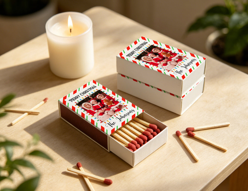 Personalized Christmas Matchboxes - Merry Christmas Custom Photo & Family Name Design