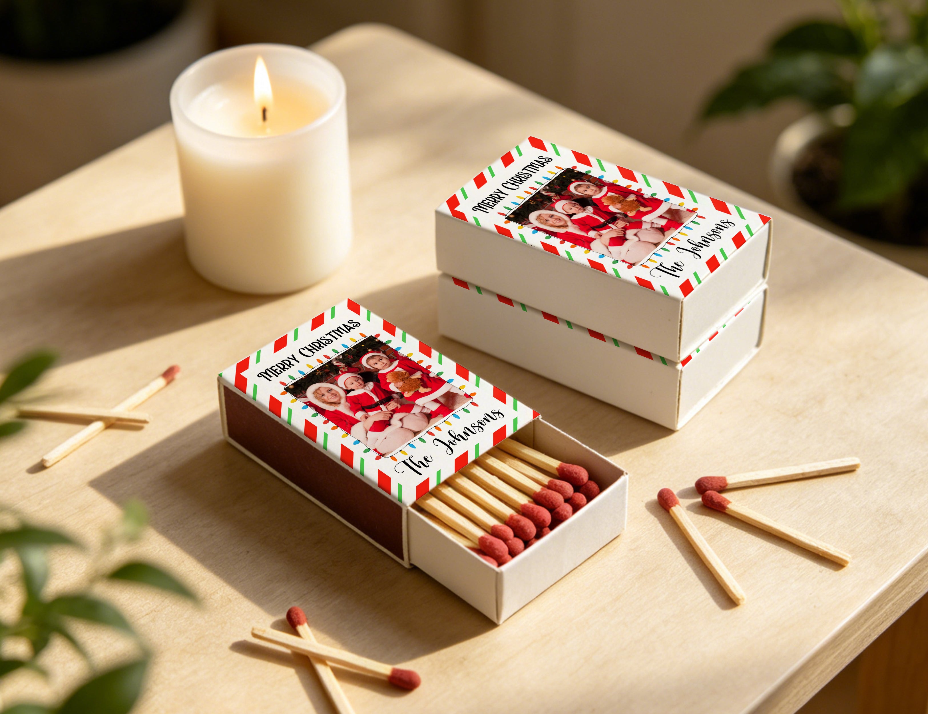 Personalized Christmas Matchboxes - Merry Christmas Custom Photo & Family Name Design