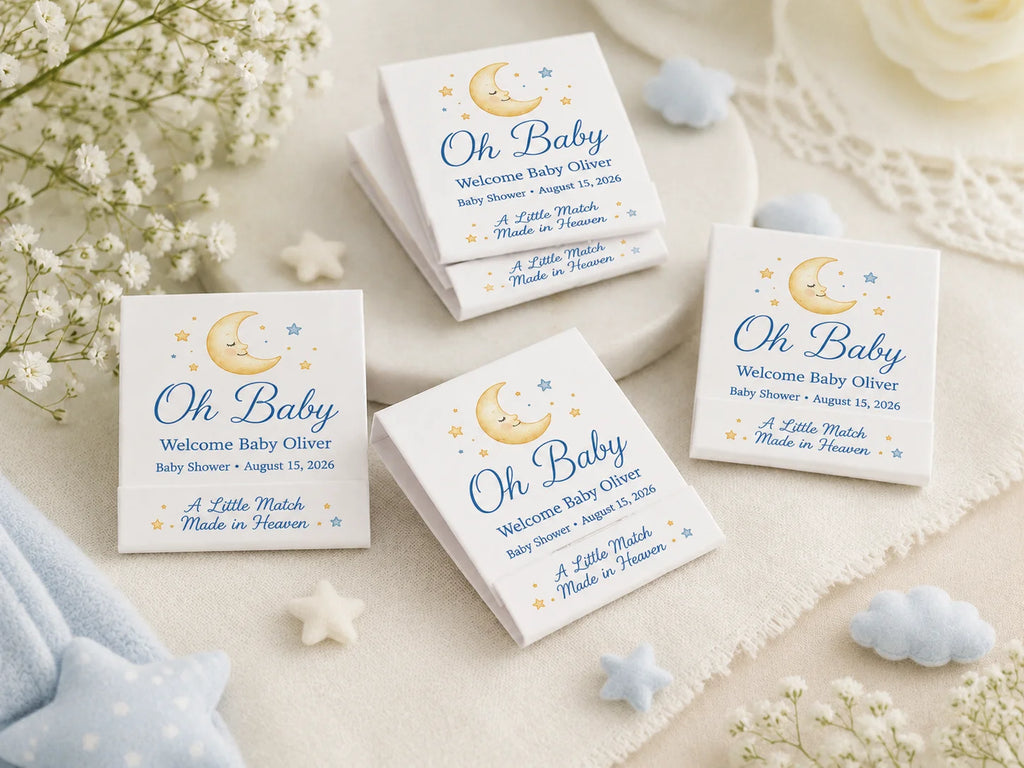 Personalized Baby Shower Matchbooks - Opened view with 20 matches and custom printing inside