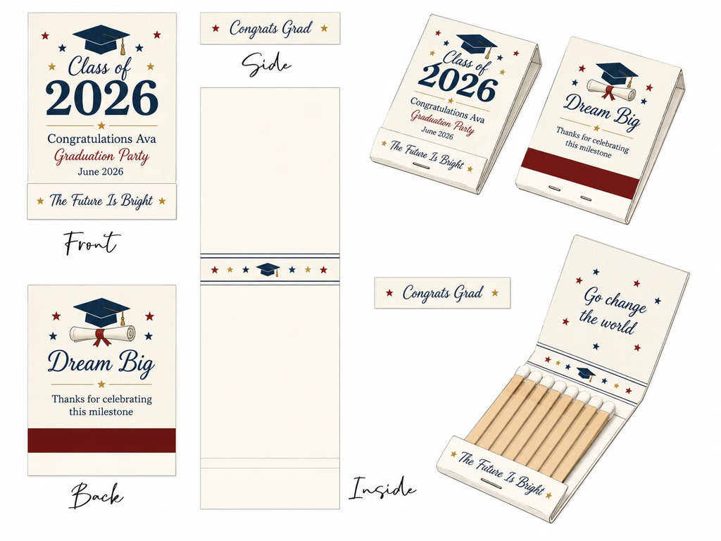 Personalized Graduation Matchbooks - Close-up detail of custom names and date design