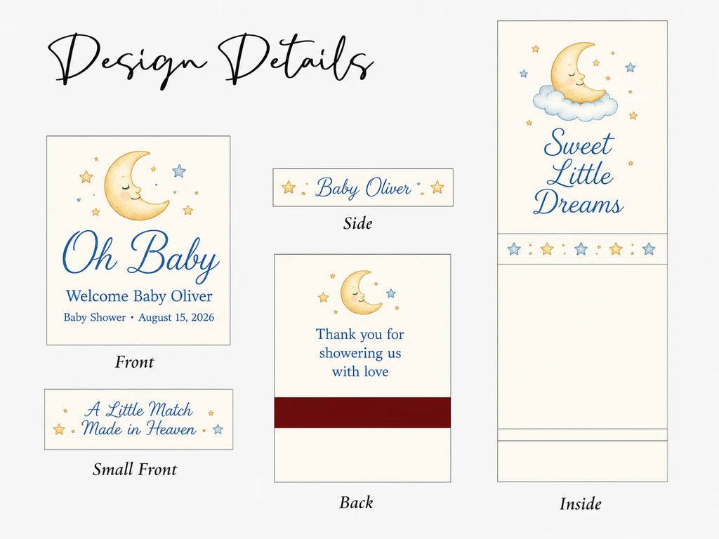 Personalized Baby Shower Matchbooks - Close-up detail of custom names and date design