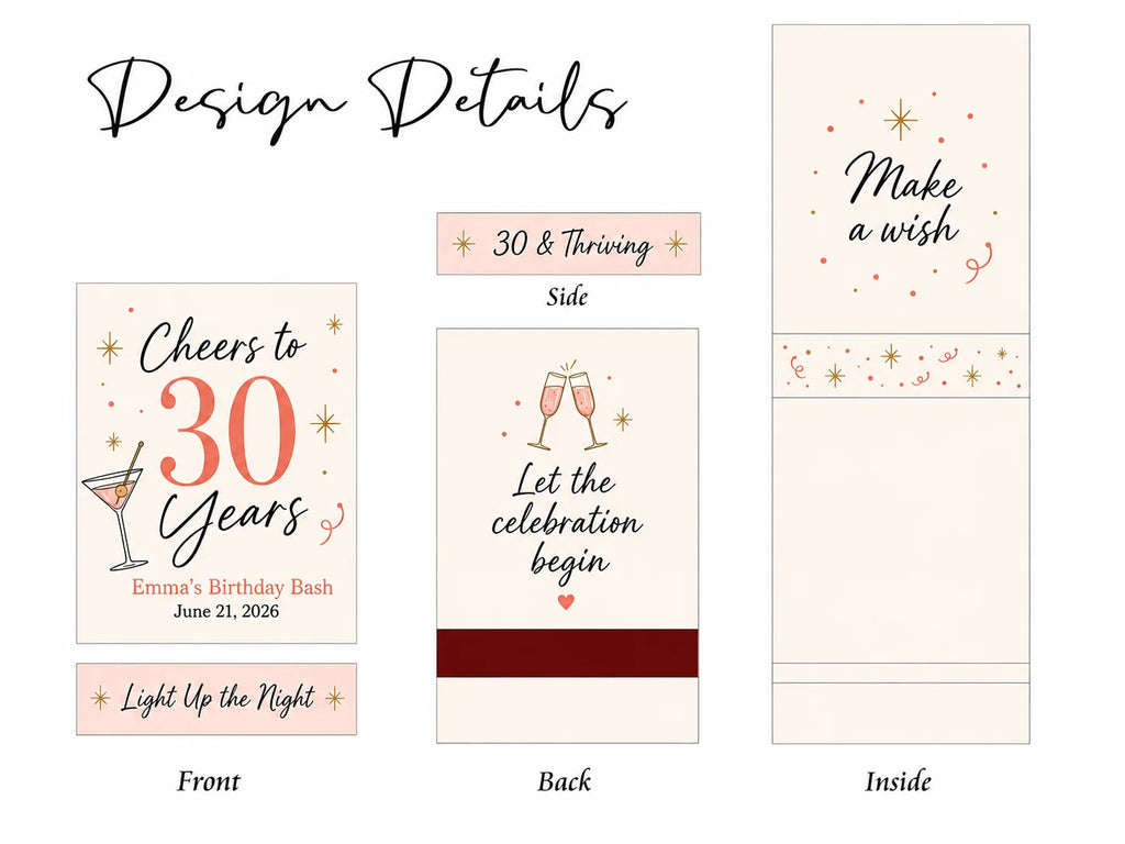 Personalized 30th Birthday Matchbooks - Close-up detail of custom names and date design