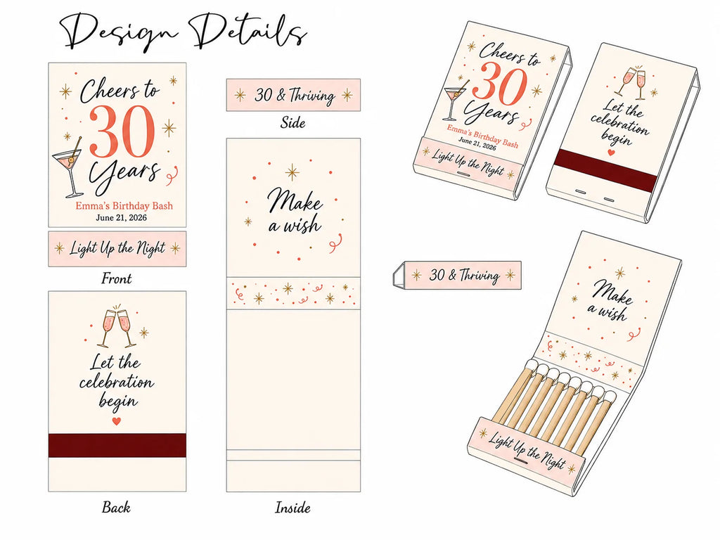 Personalized 30th Birthday Matchbooks - Lifestyle display showing table setting decoration