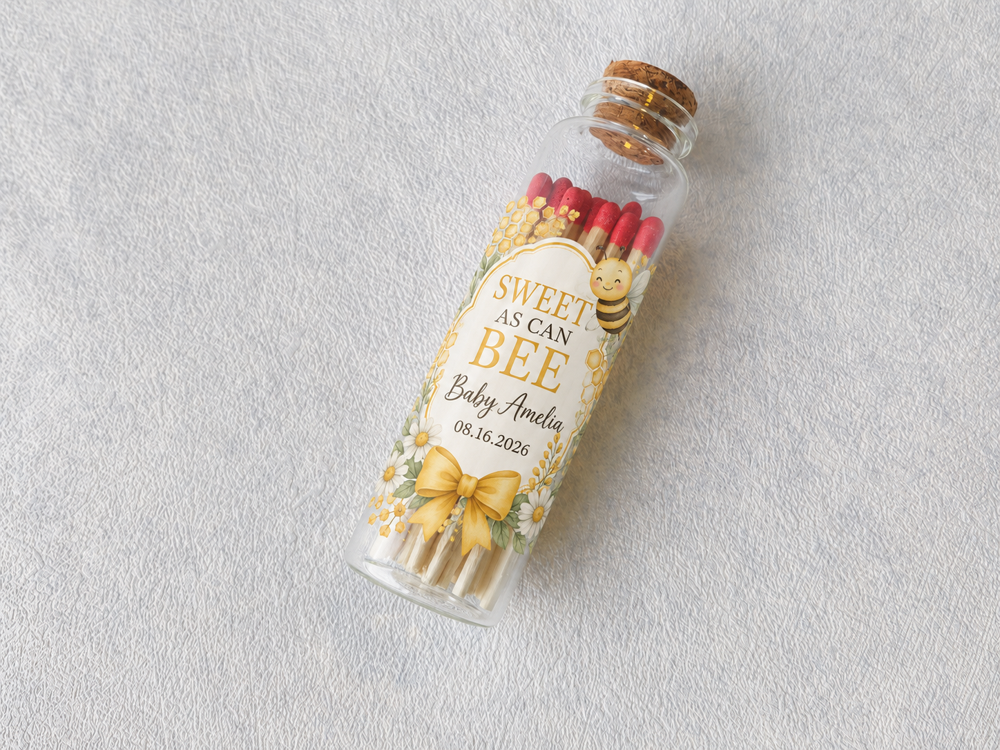 Personalized baby shower glass bottle matches with Sweet As Can Bee honey bee design