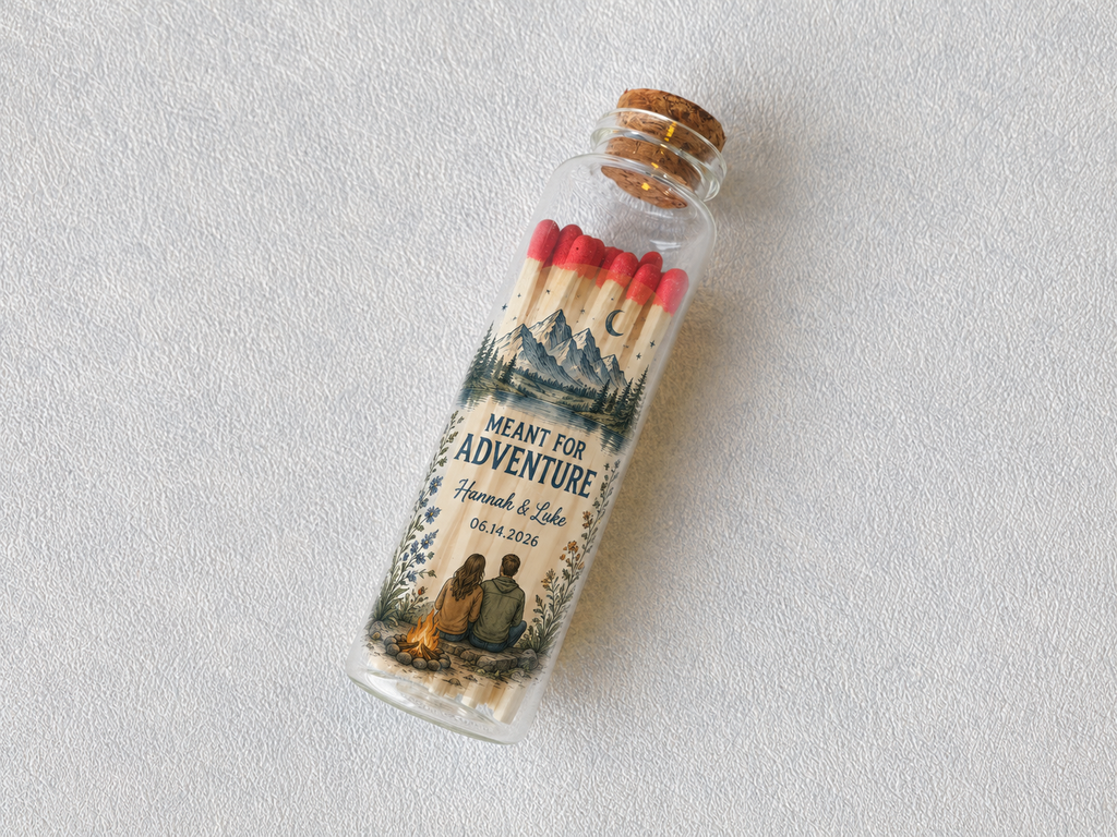 Personalized adventure wedding glass bottle matches with Meant For Adventure design