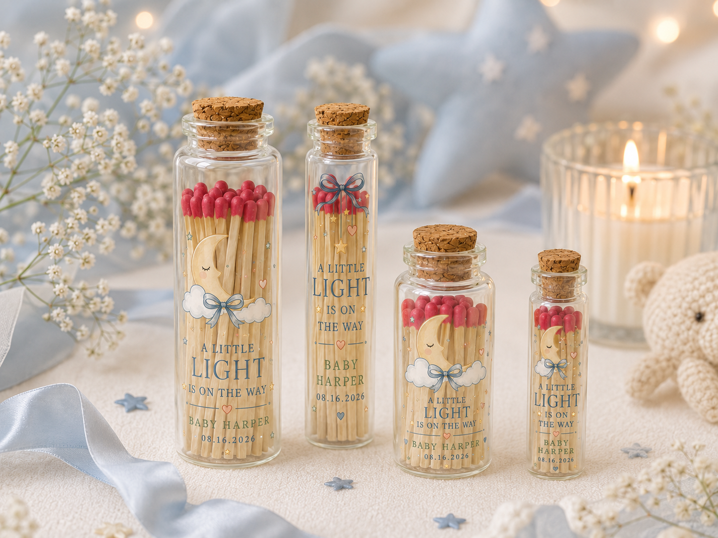 Moon themed glass bottle matches with colored matches