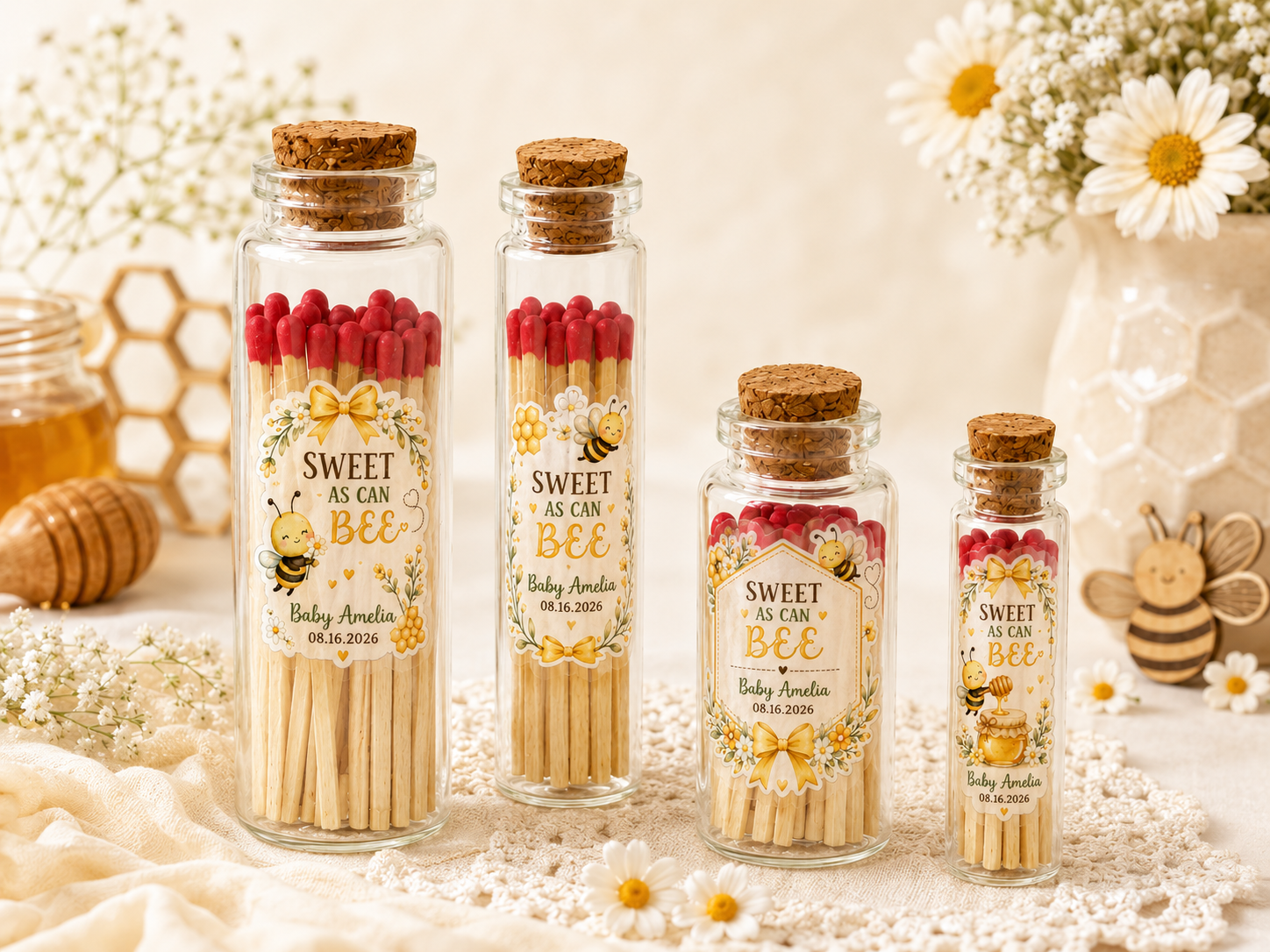 Glass bottle matches with honey bee design and colored matches