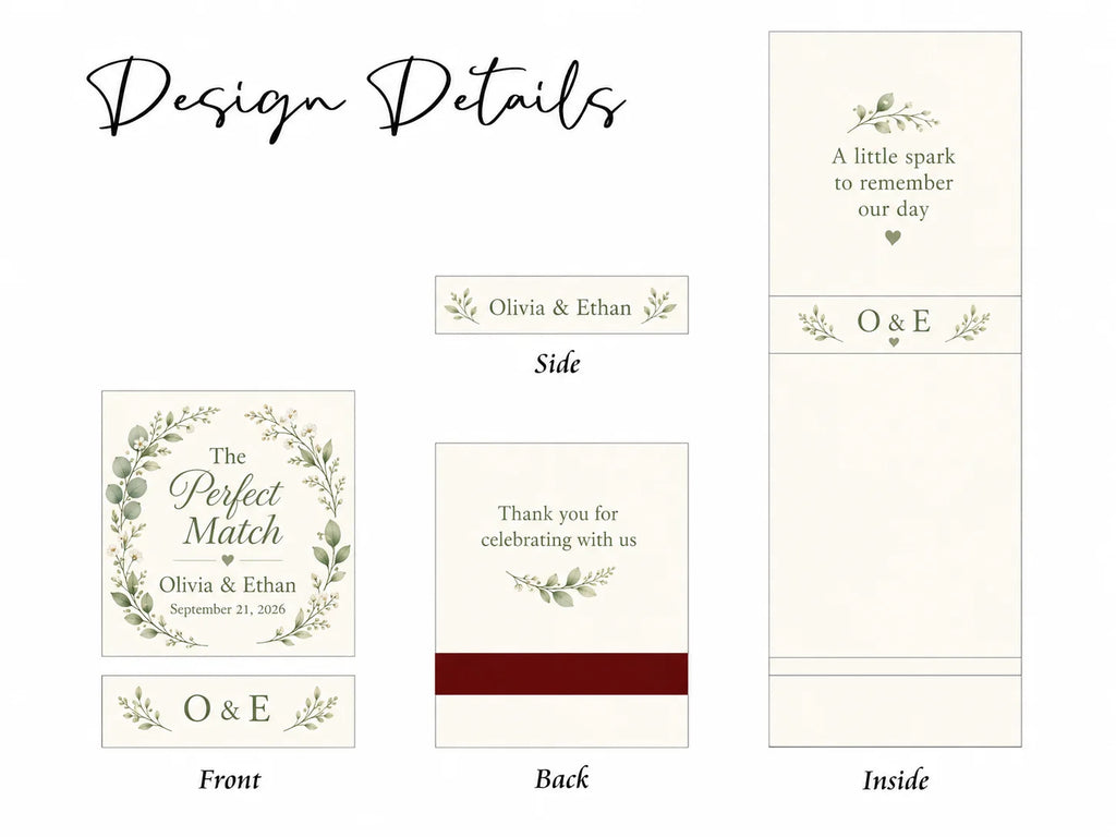 Personalized Wedding Matchbooks - Close-up detail of custom names and wedding date design