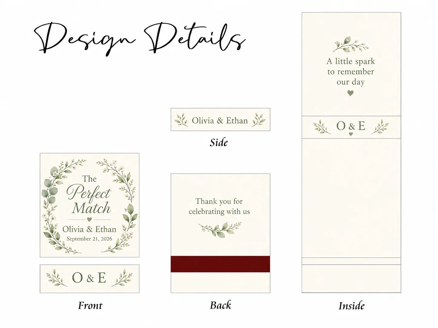 Personalized Wedding Matchbooks - Close-up detail of custom names and wedding date design