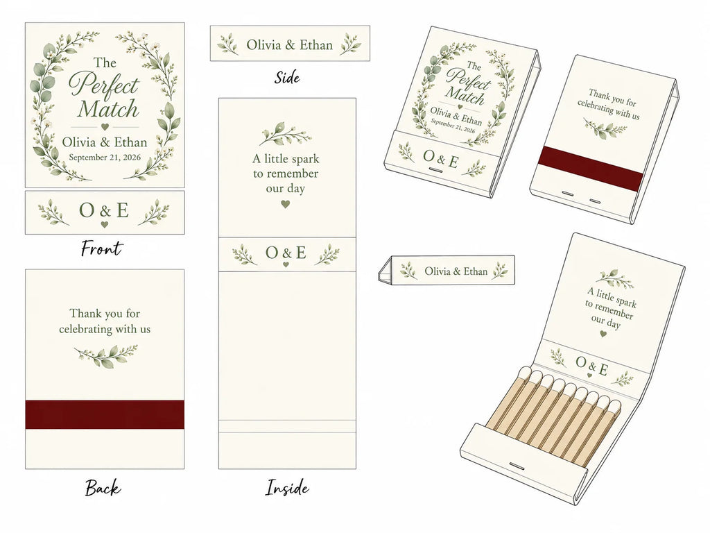 Personalized Wedding Matchbooks - Lifestyle display showing elegant wedding favor table setup