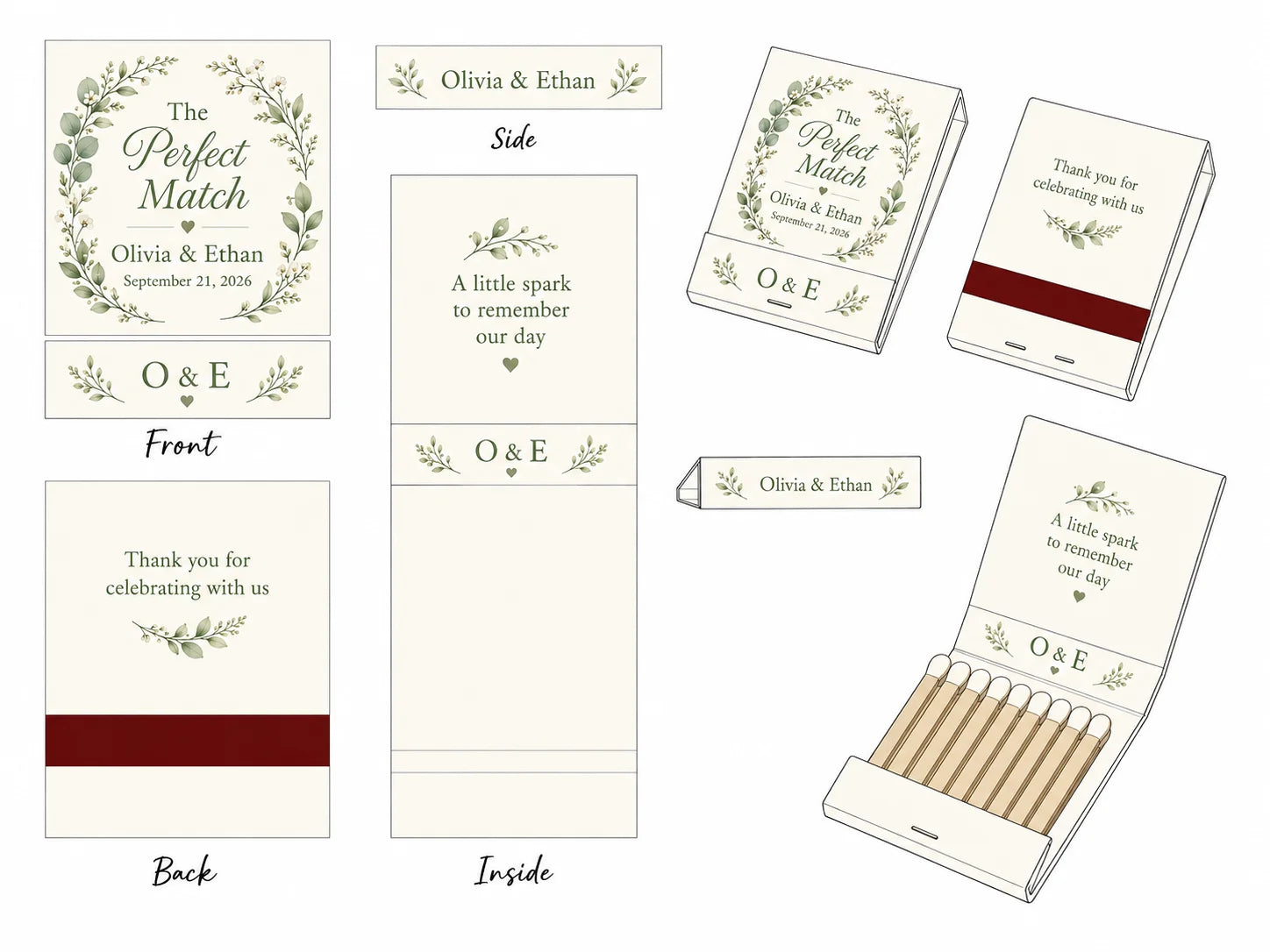 Personalized Wedding Matchbooks - Lifestyle display showing elegant wedding favor table setup